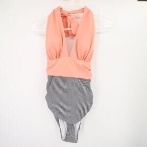 Cupshe One Piece Swimsuit Peach Black White Striped Halter Neck Ruched Size XS